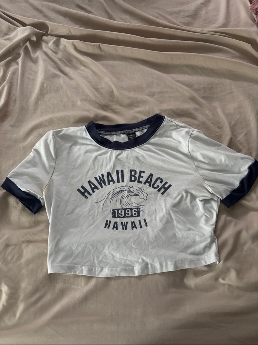 SHEIN White Crop Tee with Navy Ringer & Hawaii Graphic